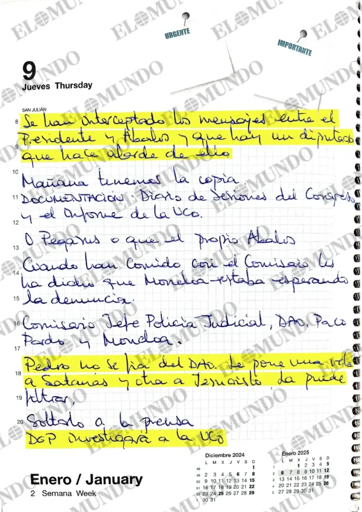 Leire's 'Notebook 2025' includes three other precise mentions of "PS": the "meeting with PS" points to Sánchez