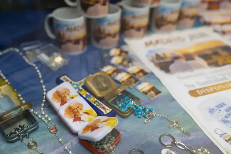 Souvenirs of Leo XIV in a downtown shop.