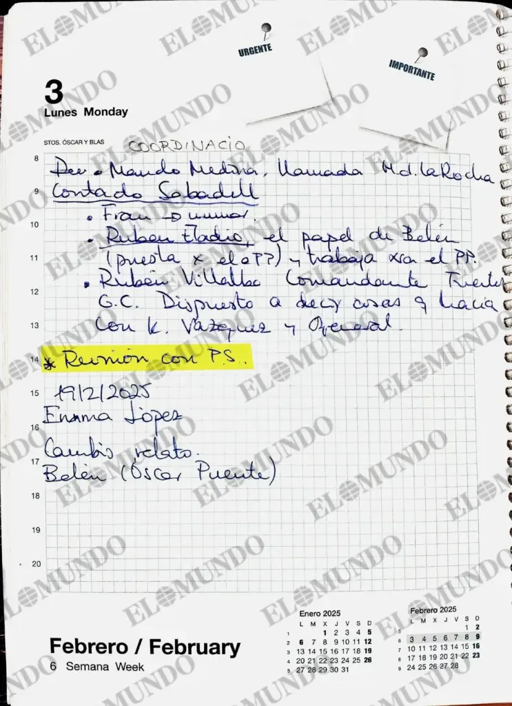 Leire's 'Notebook 2025' includes three other precise mentions of "PS": the "meeting with PS" points to Sánchez