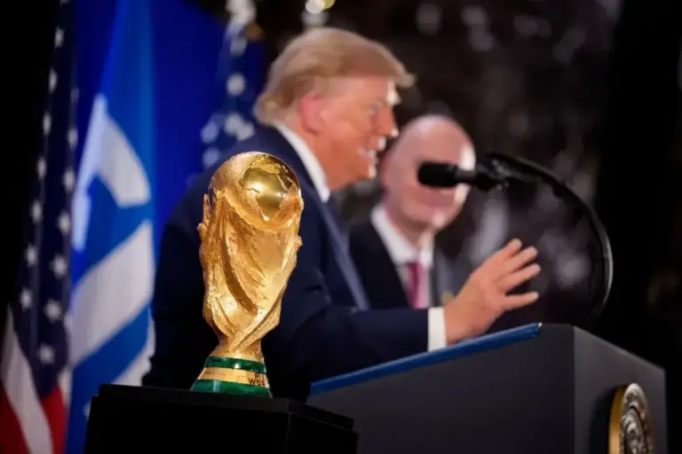 NEW YORK, NEW YORK - JULY 17: The FIFA World Cup 2026 winners trophy is visible as U.S. President Donald  lt;HIT gt;Trump lt;/HIT gt; (C) speaks alongside FIFA President Gianni Infantino at a FIFA Reception at  lt;HIT gt;Trump lt;/HIT gt; Tower on July 17, 2026 in New York City. Later this weekend  lt;HIT gt;Trump lt;/HIT gt; will attend the FIFA World Cup 2026 Final between Spain and Argentina at MetLife Stadium in East Rutherford, New Jersey. Andrew Harnik/Getty Images/AFP (Photo by Andrew Harnik / GETTY IMAGES NORTH AMERICA / Getty Images via AFP)