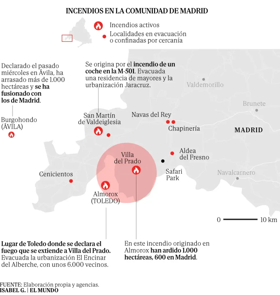 Ayuso describes as "unprecedented" the fire that is already forcing the evacuation of 19,000 people in Madrid: "It's a perfect storm. It's being catastrophic"
