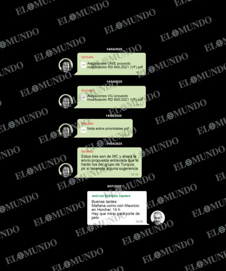 WhatsApp messages between Zapatero and his secretary Gertrudis Alcázar.