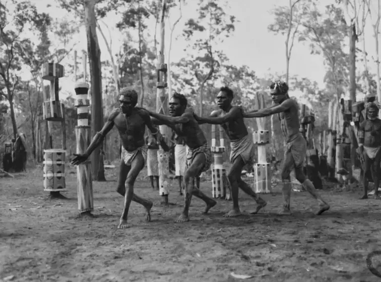 Australian aborigines celebrate a ceremony in 1950.