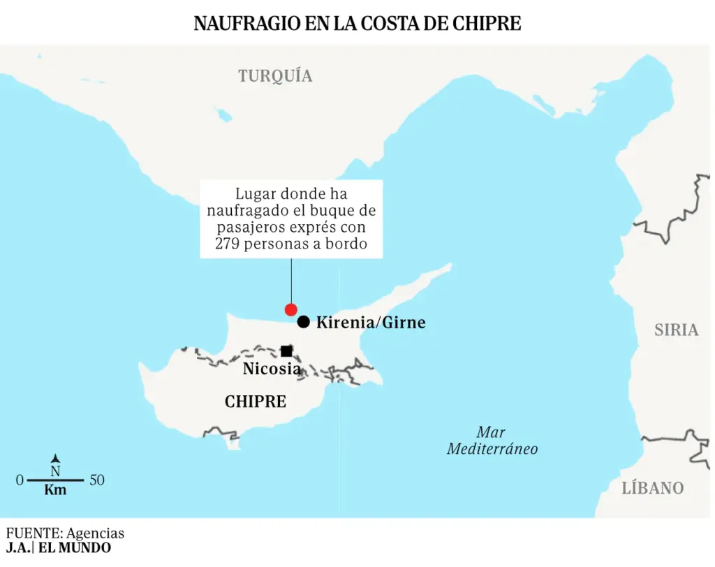 The entire crew of the ship from Cyprus that sank, killing at least eight people, has been detained