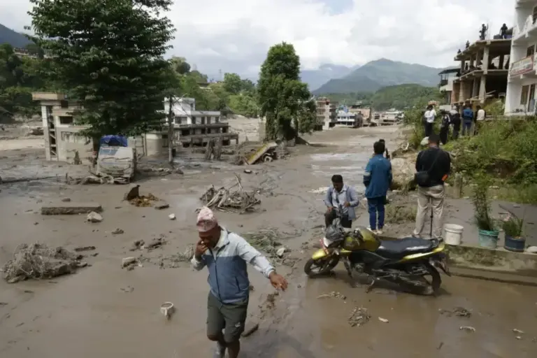 Destruction caused by the flood in the Nepali village of Trishuli Bazar.