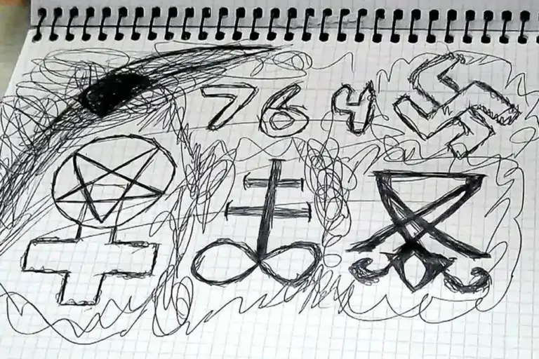 Drawings related to the 764 network in the notebook of a detainee in Spain.