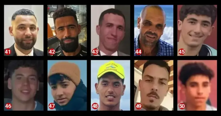The missing in Ceuta. 41. Ayman Al Raboun; 42. Et-Tayeb Al-Mardy; 43. Mohamed Ahram; 44. El Arbe Bentaher; 45. Nizar El Haddad; 46. Omar Akdi; 47. Omar Bourras; 48. Omar; 49. Samir Achmahal; 50. Walid Al-Ghul.