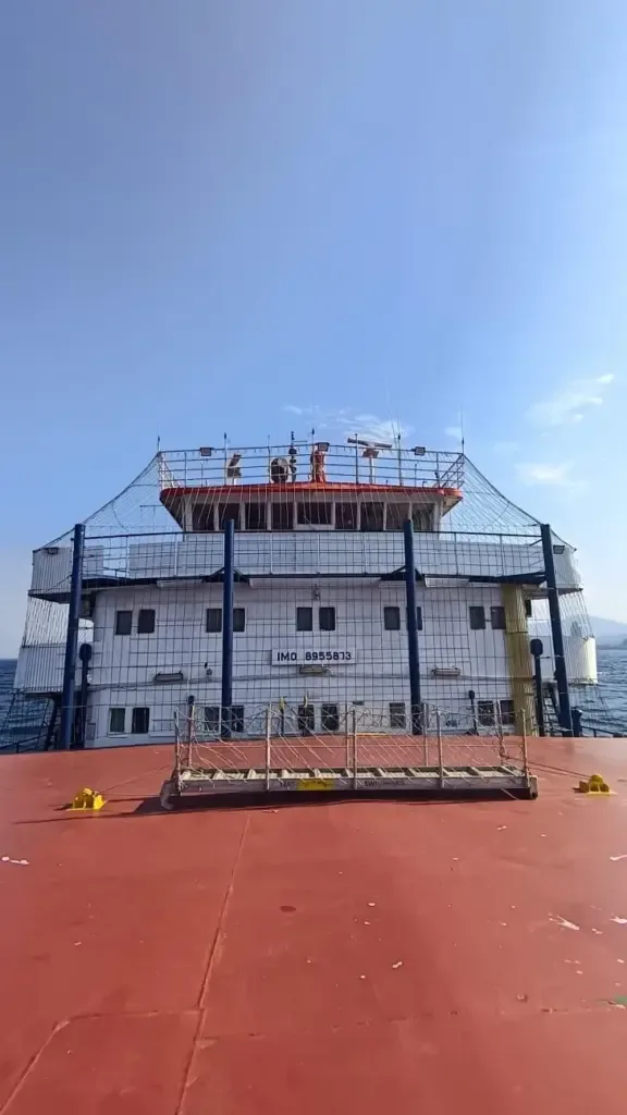 The anti-drone net installed on the cargo ship Volgo-Don 5021, whose workers started a strike.