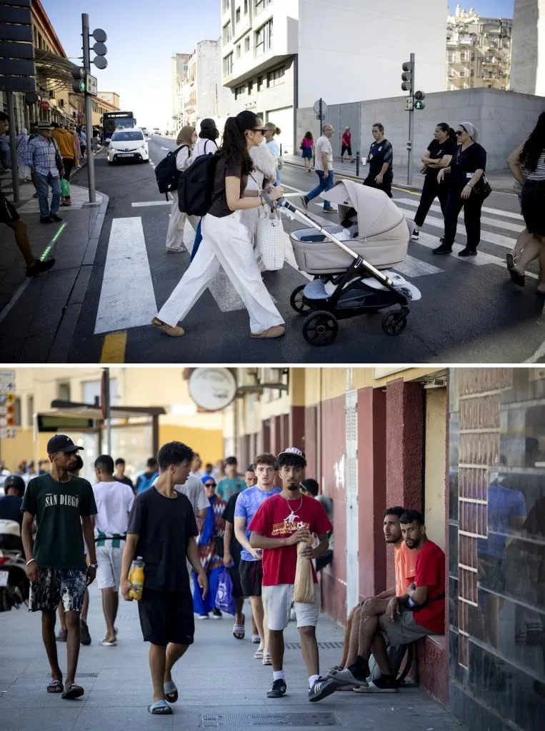 Above, shopping atmosphere in downtown Ceuta. Below, several immigrants carry food in the Los Rosales neighborhood.
