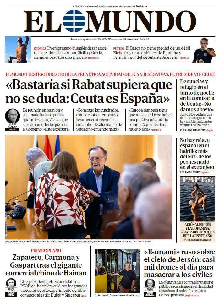 Front page of EL MUNDO Monday, August 24, 2026