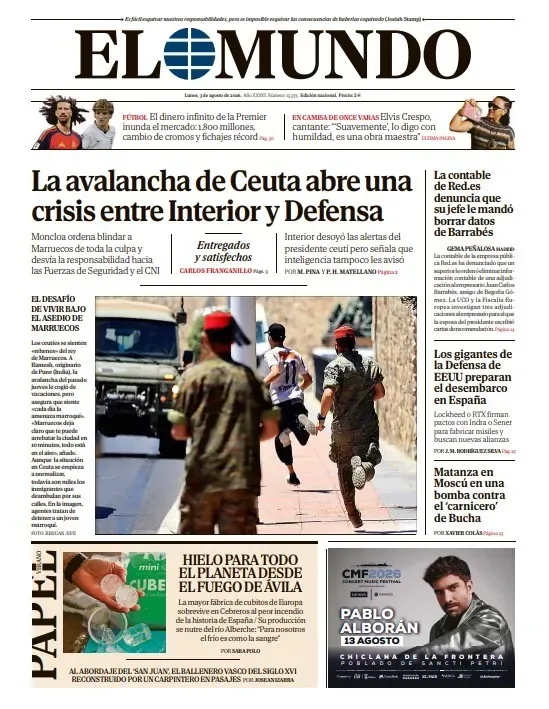 Front page of EL MUNDO on Monday, August 3, 2026