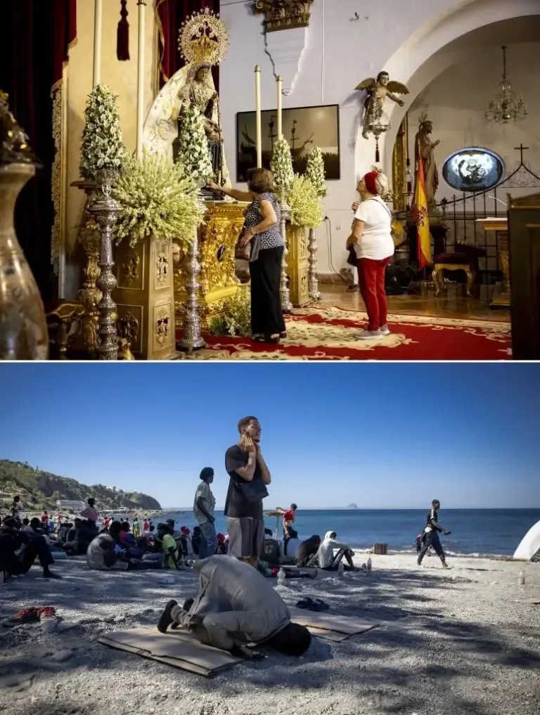 Above, two women pray to the Virgin of Africa, the patron saint of Ceuta. Below, two immigrants pray on the sand at Trampolín beach.