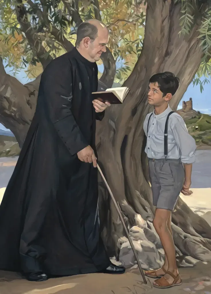 Two moments of the triptych. One in full pastoral work. In the other, the blessed Juan Ibáñez teaches a child to read.
