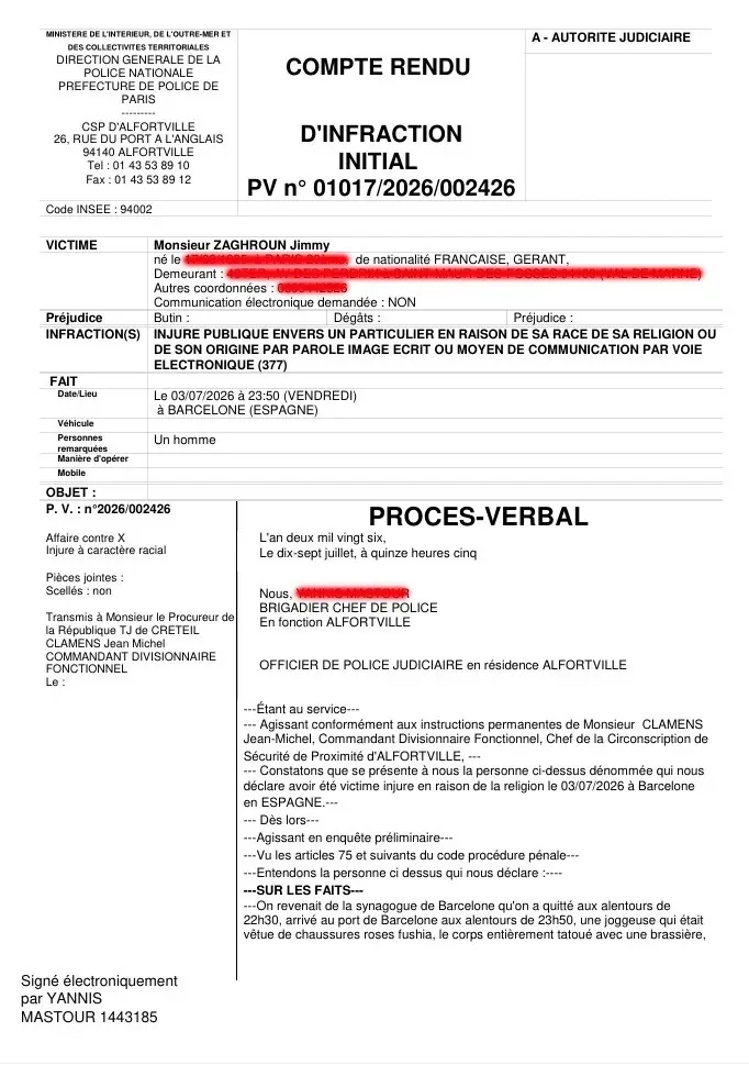 Cabecera de la denuncia presentada ante la policía francesa por el sefardí parisino Jimmy Zaghroun.