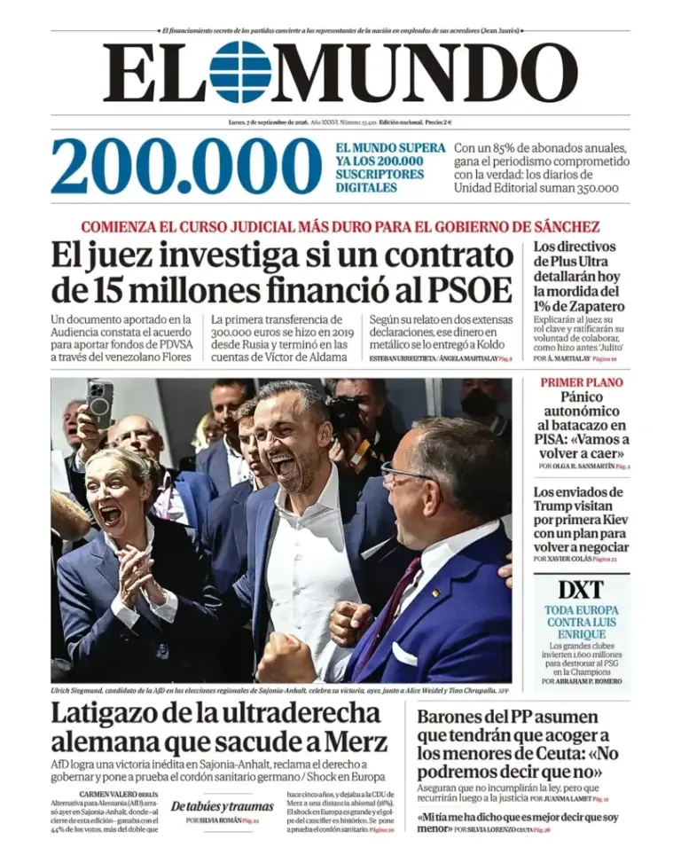 Cover of EL MUNDO from September 6 revealing the fictitious contract.